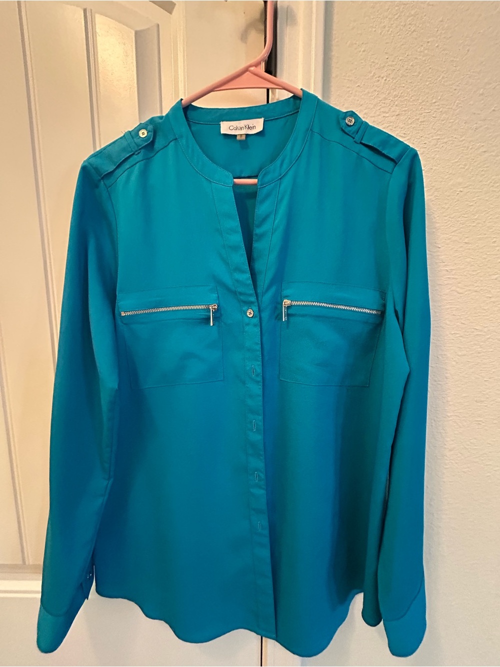 Calvin Klein Teal Button-Front Zip-Pocket Blouse
